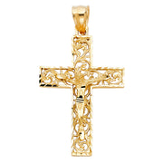 14K Gold Crucifix Charm Pendant with 1.4mm Round Wheat Chain Necklace