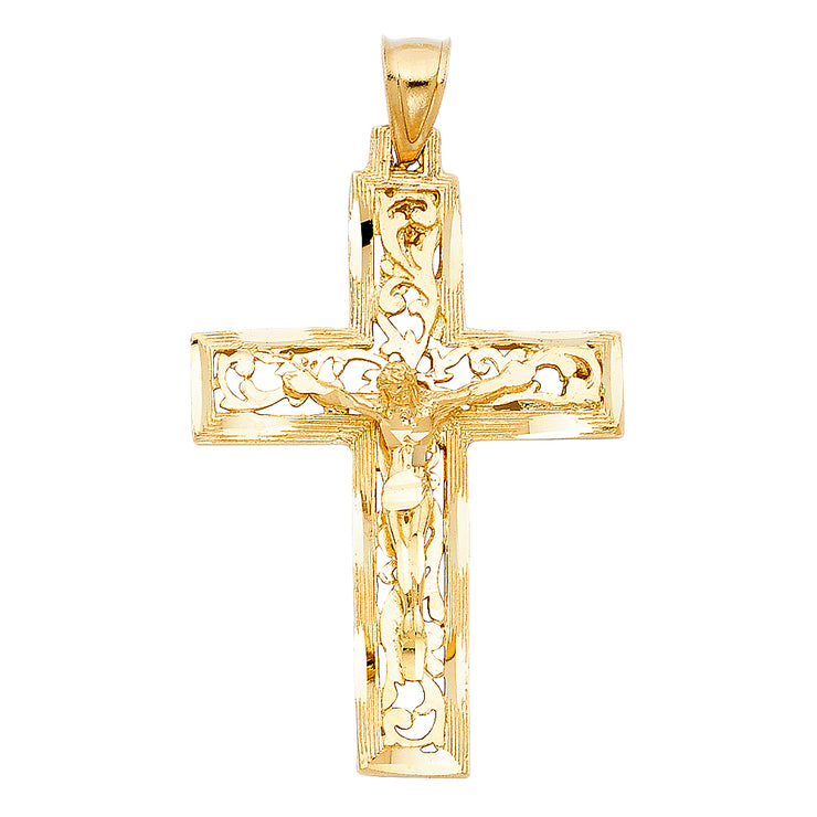 14K Gold Crucifix Charm Pendant with 3.1mm Figaro 3+1 Chain Necklace