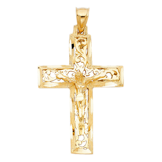 14K Gold Crucifix Charm Pendant with 1.4mm Round Wheat Chain Necklace