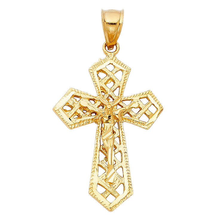 14K Gold Crucifix Charm Pendant with 1.4mm Round Wheat Chain Necklace