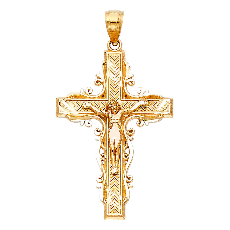 14K Gold Crucifix Charm Pendant with 1.7mm Flat Open Wheat Chain Necklace