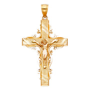 14K Gold Crucifix Charm Pendant with 1.4mm Round Wheat Chain Necklace