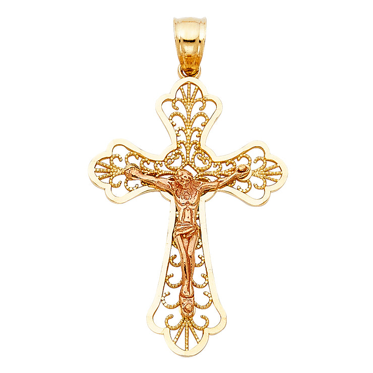 14K Gold Crucifix Charm Pendant with 1.7mm Flat Open Wheat Chain Necklace