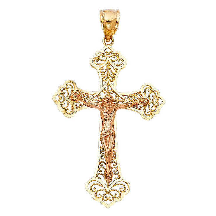 14K Gold Crucifix Charm Pendant with 3.1mm Figaro 3+1 Chain Necklace