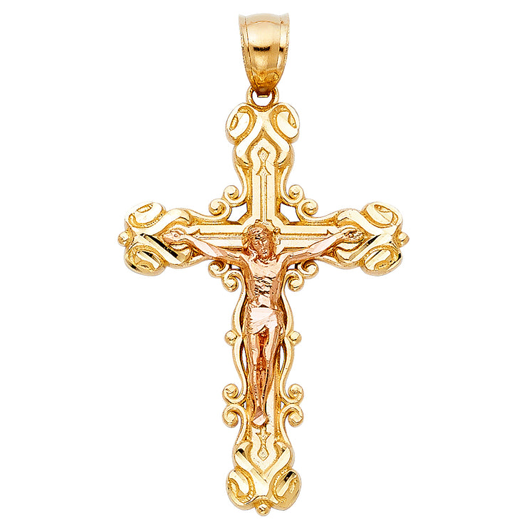 14K Gold Crucifix Charm Pendant with 1.4mm Round Wheat Chain Necklace