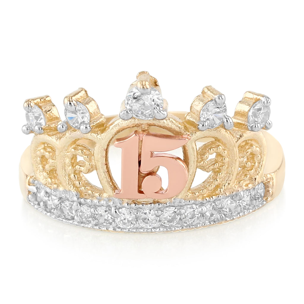 14K Solid Gold Quinceanera CZ Princess Crown OR Tiara Ring