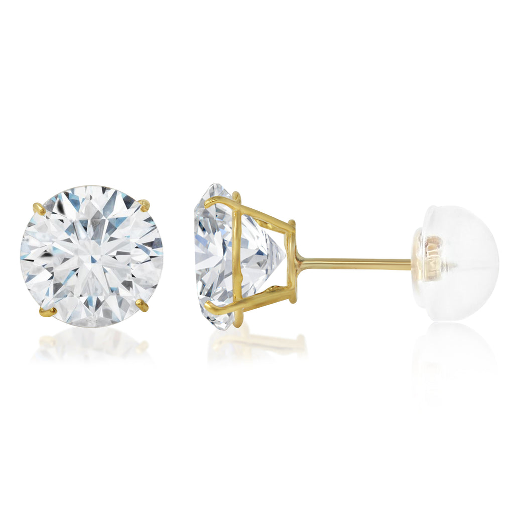 14K Gold Round Solitaire Cubic Zirconia CZ Stud Push Back Earrings