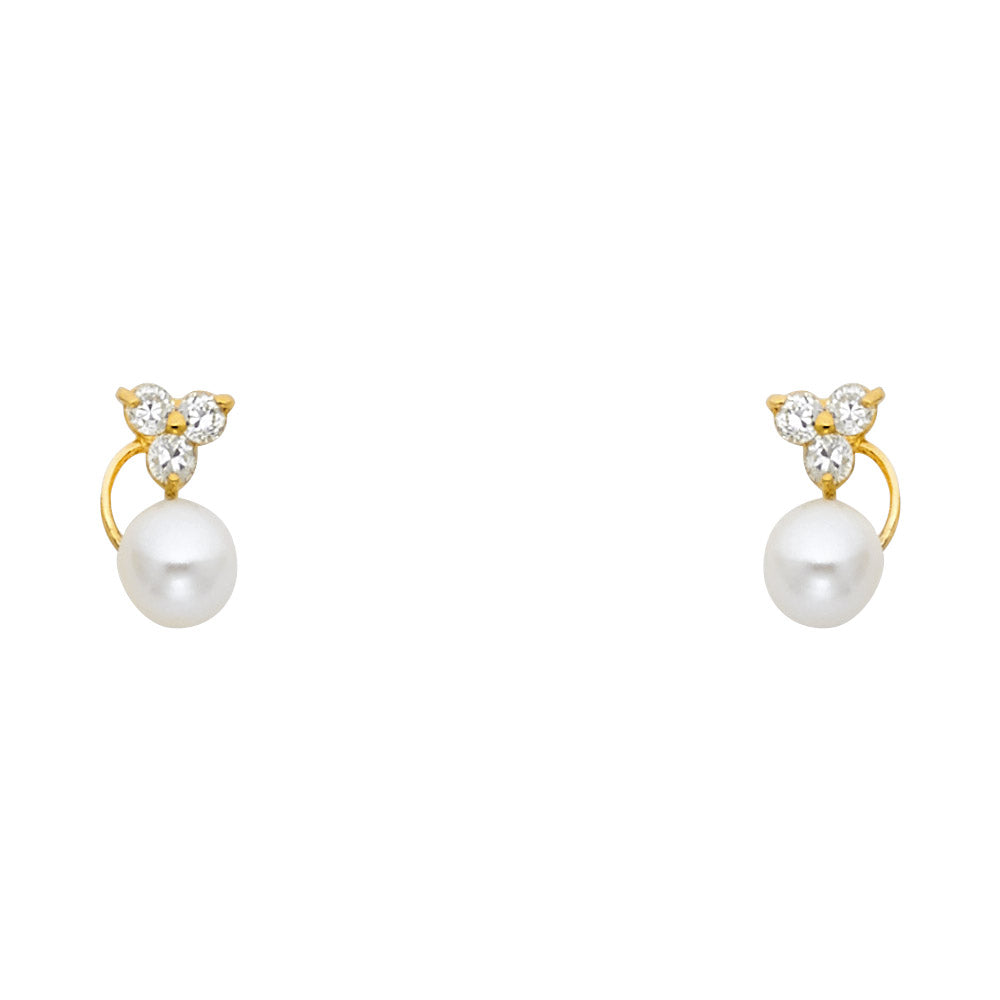 14K Gold CZ Cultured Pearl and Flower Stud Earrings – Ioka Jewelry